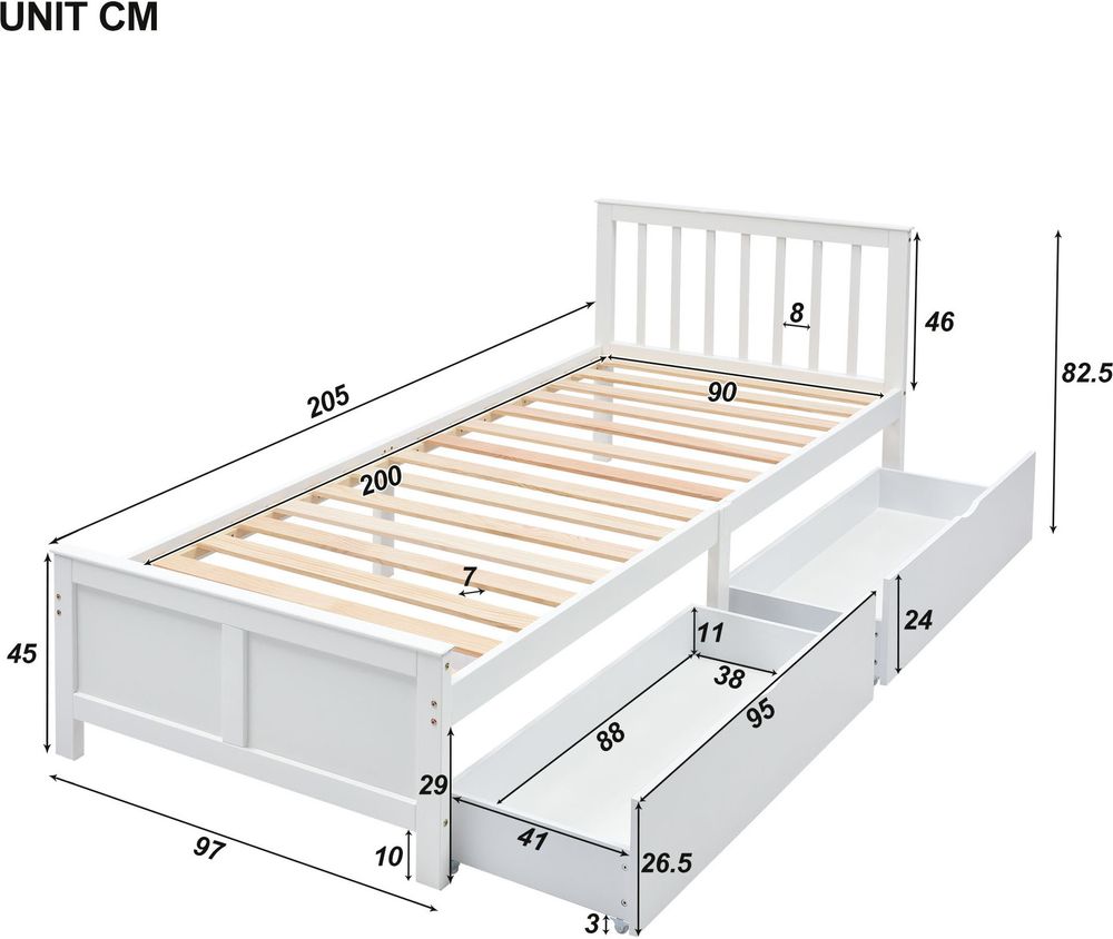 Flieks Massivholzbett Klassisches Bett 90x200cm mit Lattenrost und 2 Schubladen, Jugendbett Einzelbett Gästebett weiß