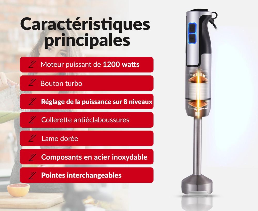 LEHMANN Mixeur Plongeant en Acier Inoxydable 1200W, 8 niveaux de vitesse, Accessoires inclus