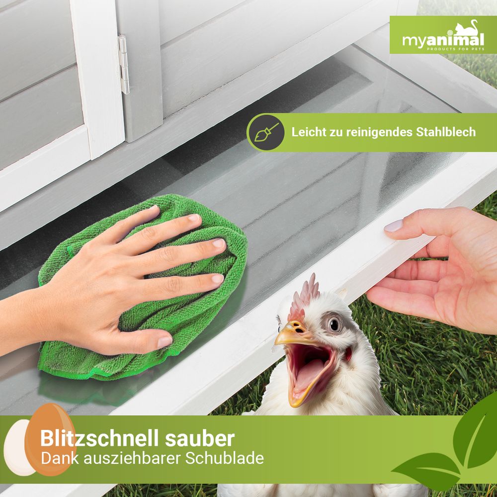 MyAnimal Hühnerstall MH-21 | Bis zu 3 Hühner - Hühnerhaus - Sitzstange - Eiablage - Freilaufgehege - Wasserabweisendes Dach - Kleintierstall (Grau)