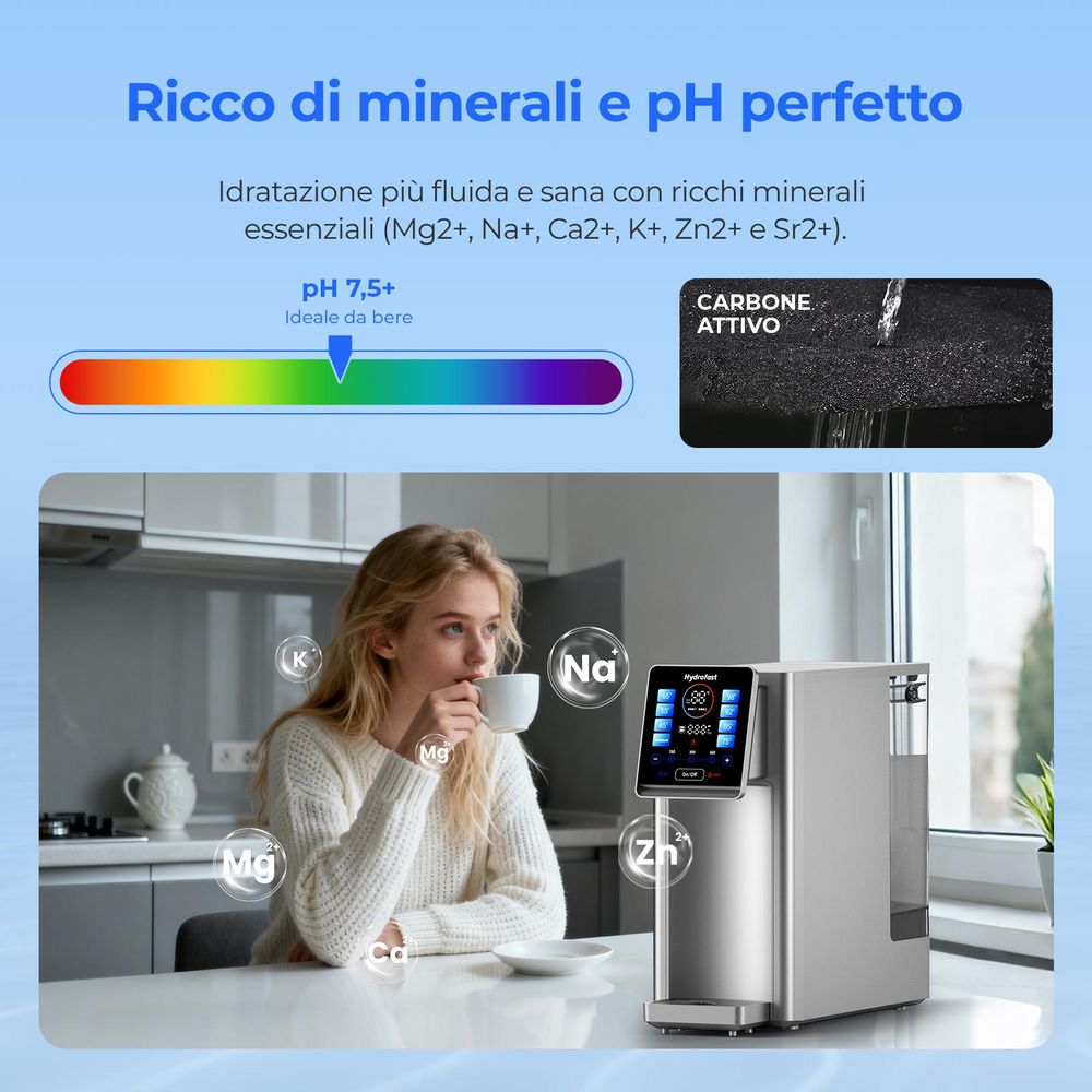 Purificatore d'acqua da tavolo Hydrofast W100, osmosi inversa, filtrazione UV, filtrazione a 6 stadi e 8 impostazioni di temperatura