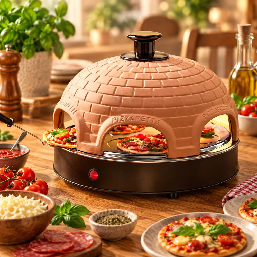 Pizzarette Pizzaofen mit Minipizzen und frischen Zutaten auf einem Holztisch.