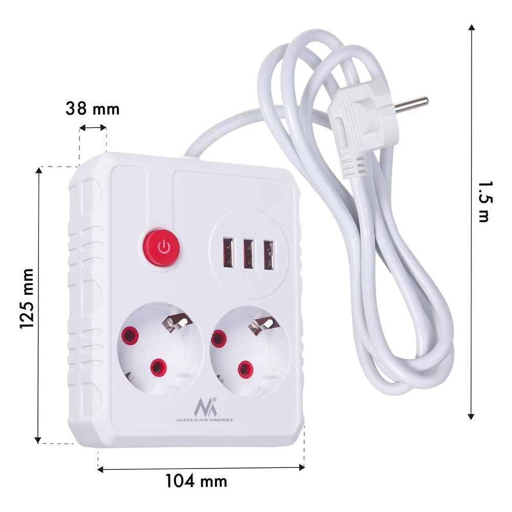 Maclean Steckdosenleiste Verlängerungskabel 2 Steckdosen + 3xUSB 110-240V AC 50/60Hz 2,1A max 2500W 1,5m weiß MCE387 W