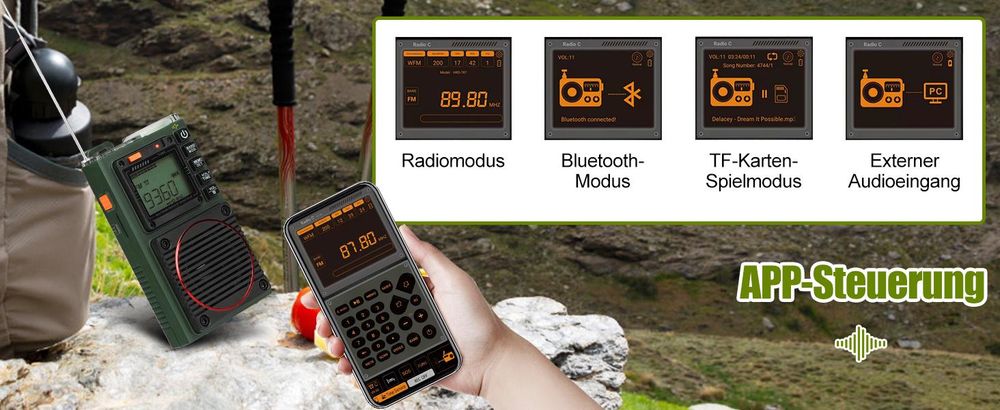 Retekess TR111 Tragbares Shortwave Radio,FM VHF AM SW WB Band Radio,Unterstützung App Intelligent Remote,MP3/TF,Bass Stereo SOS Alarm,Anwendbar für Radio Enthusiasten