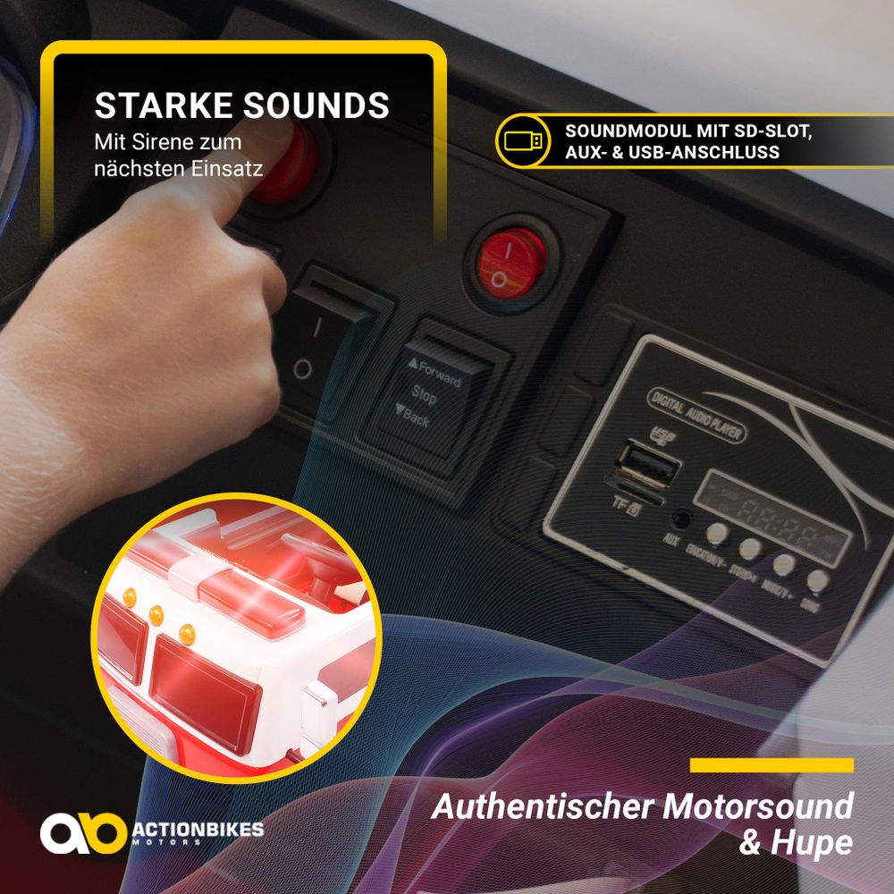 Actionbikes Motors Feuerwehr Auto LL911 | 2 Sitzer - Fernbedienung - Hupe, Motor- & Sirenen Sound - LED - Elektro Auto - 2 x 24 V Motor - ab 3 Jahren