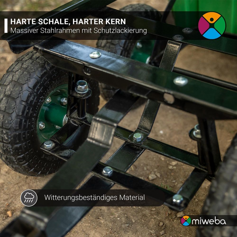 Miweba Bollerwagen Dumper | Transportwagen mit Kippfunktion - Handkarre - Schubkarre - Gerätewagen mit Kippverriegelung - bis 300 kg belastbar (Grün)