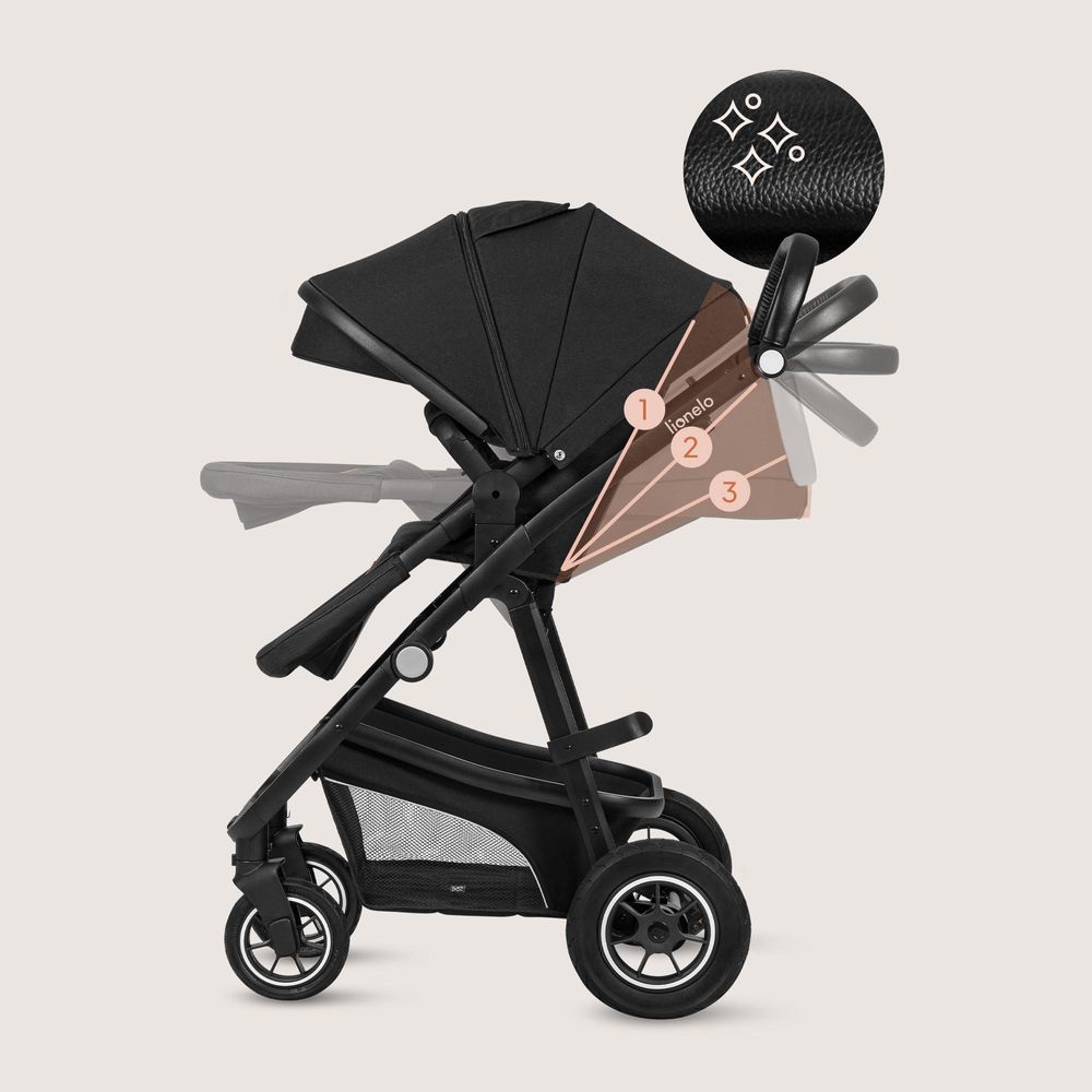 Lionelo Bianka 3in1 Kinderwagen, Autotransporter, Autositz, klappbar, Travel System Rückenlehne verstellbar 360o Räder Polsterung, Verdeck XXL-Schwarz