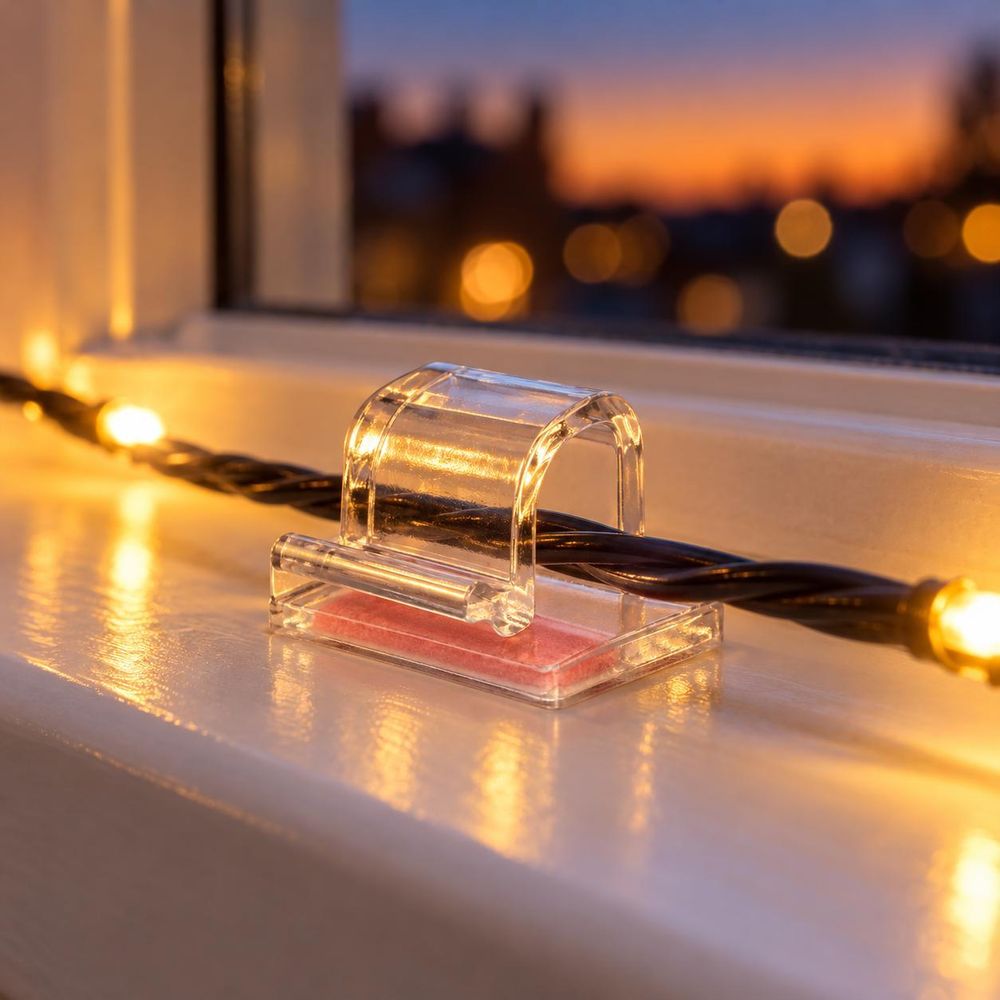 Klebeclip liegt bündig auf einer Fensterbank und führt das Kabel einer Lichterkette.