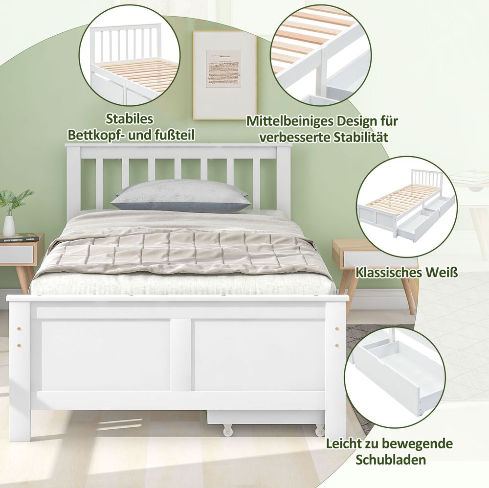 Flieks Massivholzbett Klassisches Bett 90x200cm mit Lattenrost und 2 Schubladen, Jugendbett Einzelbett Gästebett weiß