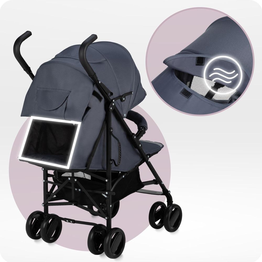 MoMi AKIRA – Ultraleichter Baby Kompaktbuggy 6,7 kg mit verstellbarer Rückenlehne & Drehbügel, inkl. Tasche & Moskitonetz, bis 15 kg – Grau