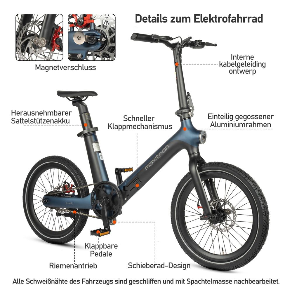 Maxtron Smart 30 Elektrofahrrad klappbar, 20 Zoll, 36V 9,6Ah Samsung Akku, Riemenantrieb, 250W, bis zu 60km, Bluetooth Display, IPX5, 25 km/h, Unisex