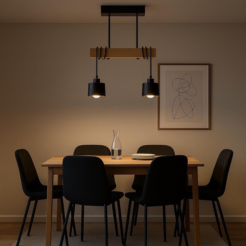 MasterLED Pendelleuchte – 2-flammig 40 cm – Schwarz & Holz – E27 – esstischlampe – hängelampe holz – ELZA