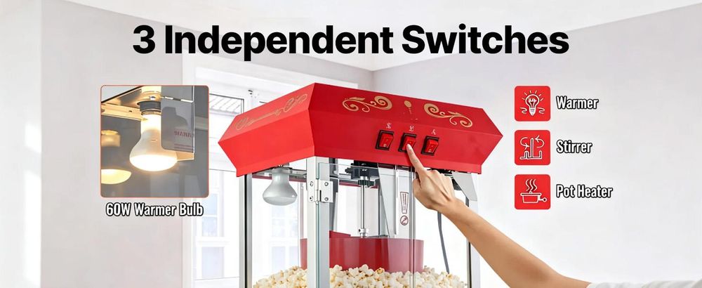 VEVOR Popcornmaschine, 850W Popcorn Popper, 8 Oz Kessel macht 48 Tassen pro Charge, Tisch-Popcornmaschine mit gehärtetem Glas, inklusive 4 Schaufeln, im Kino-Stil, Rot, Rot, 8oz