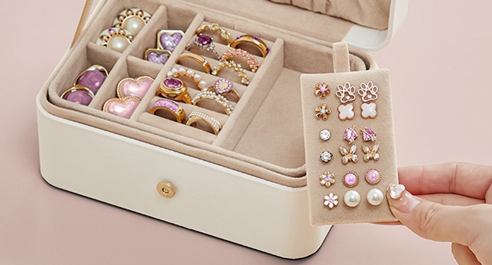 SONGMICS Schmuckkästchen Reise, Schmuckkasten klein, 2 Ebenen Schmuckaufbewahrung, tragbar, Schmuck-Reiseetui, für größere Accessoires