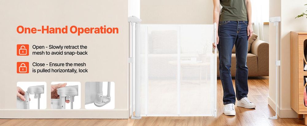 VEVOR einziehbares Babygitter ausziehbar (max. 180 cm breit 87 cm hoch), einziehbares Gitter für Kinder oder Haustiere, Netzmaterial, Türsturzgitter für Innentreppen Türen Flure Spielzimmer, weiß