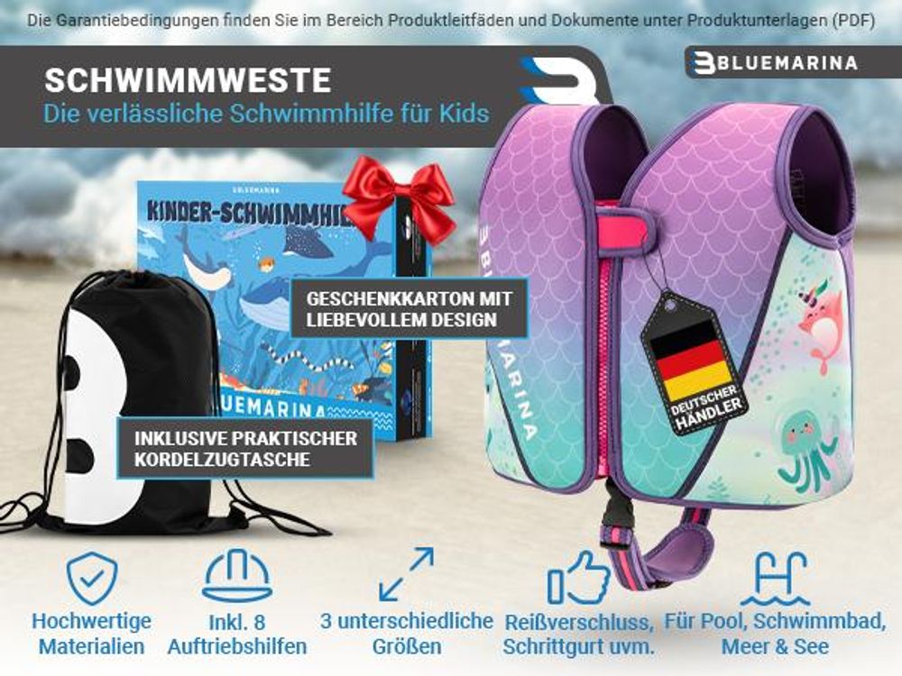 Bluemarina Kinder Schwimmhilfe | UV-Schutz - Schrittgurt - Neopren Weste - Auftrieb EPE-Schaum - Doppelnaht - Für Jungen und Mädchen (Mermaid S)