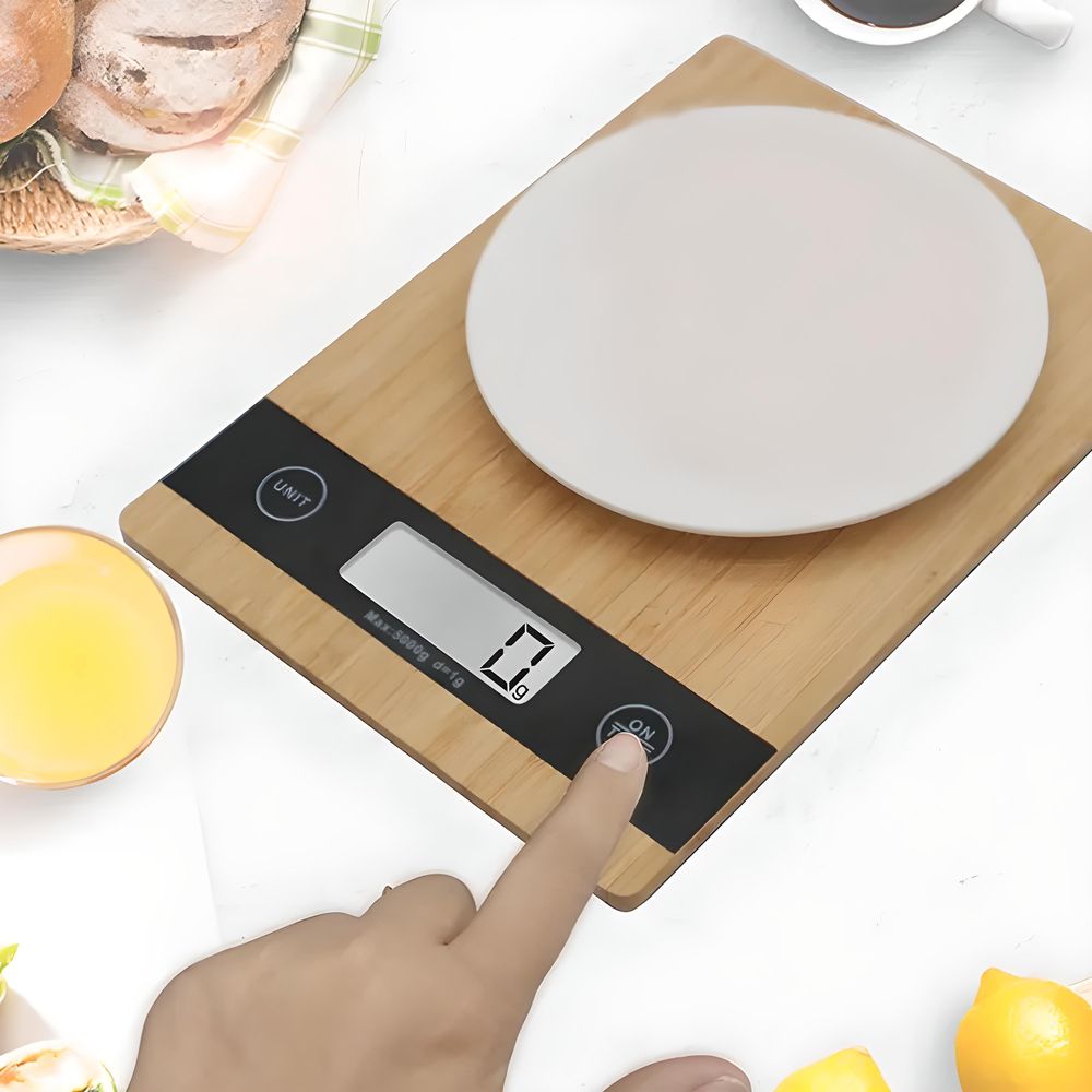 Digitale Küchenwaage bis 5kg Tragkraft mit gehärtetes Glas Digitalwaage Zuwiegefunktion LCD-Anzeige Haushaltswaage Tara Essenswaage Bambus Retoo