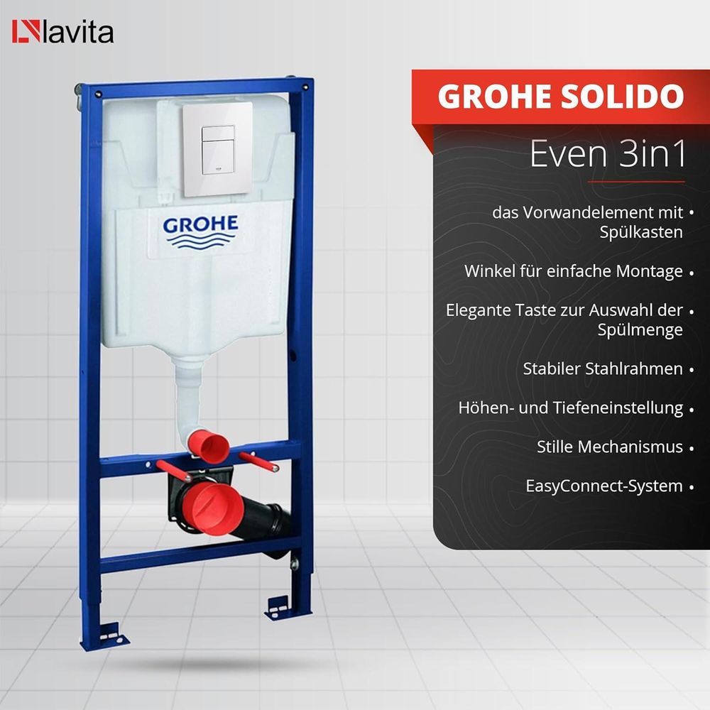 GROHE Vorwandelement Solido + Wand Hänge WC Salto Weiß Spülrandlos + WC-Sitz SoftClose | Glänzend Weiß Knopf | Komplettset | Unterputz Spülkasten | Toilette Komplett Sett