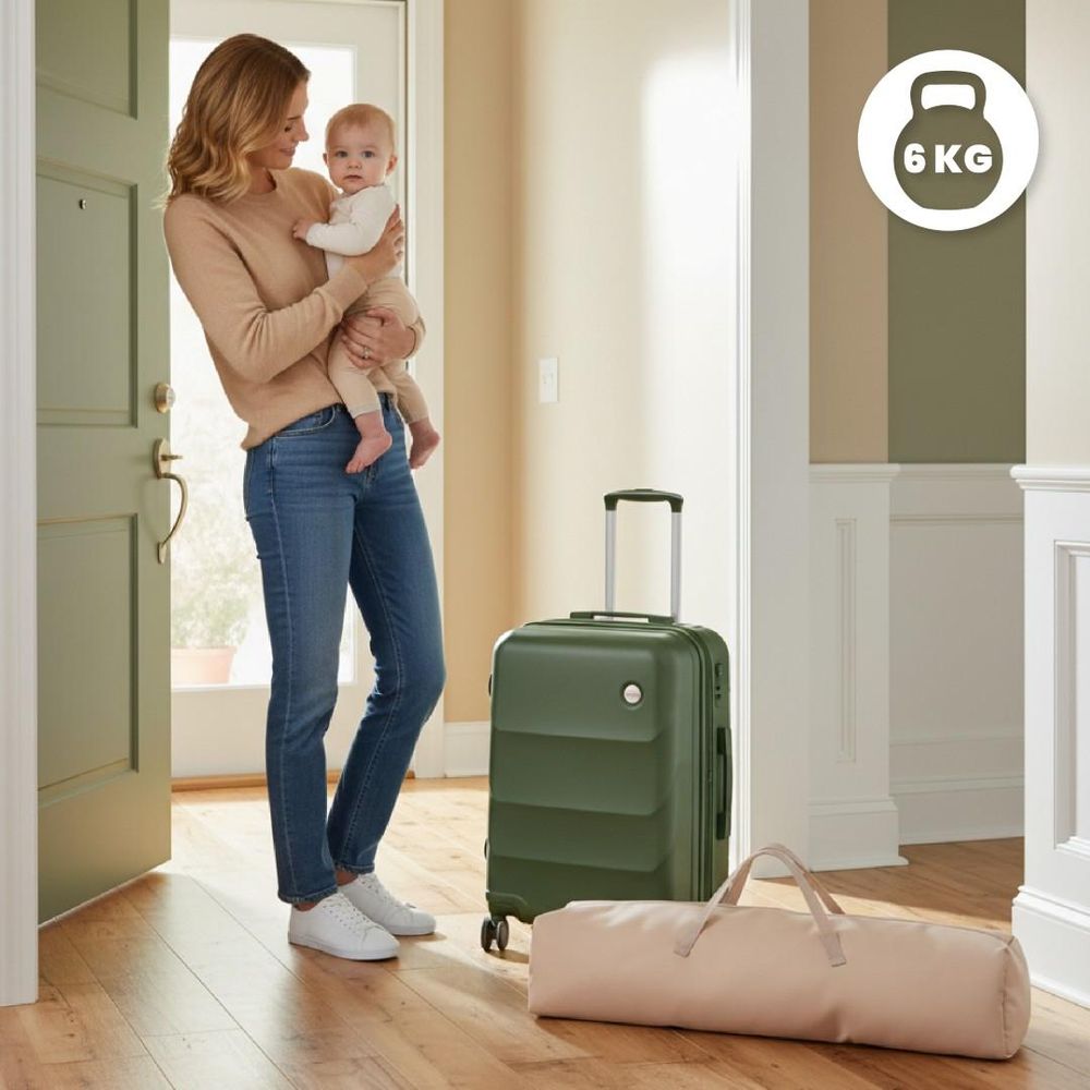 Moeder met baby, koffer en opgevouwen kinderbox in draagtas