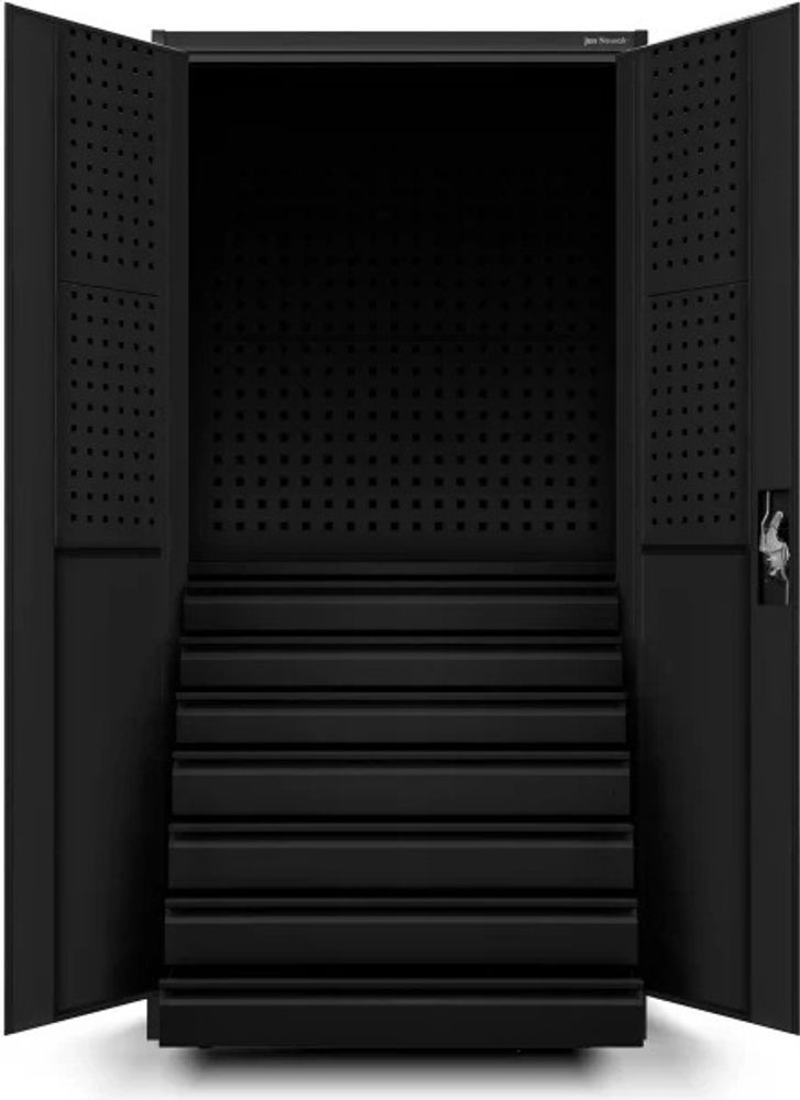 Jan Nowak Werkzeugschrank TC007 Werkstattschrank Garagenschrank 7 Schubladen Perforierte Rückwand Flügeltüren Pulverbeschichtet Metall 185 cm x 92 cm x 50 cm (Schwarz)