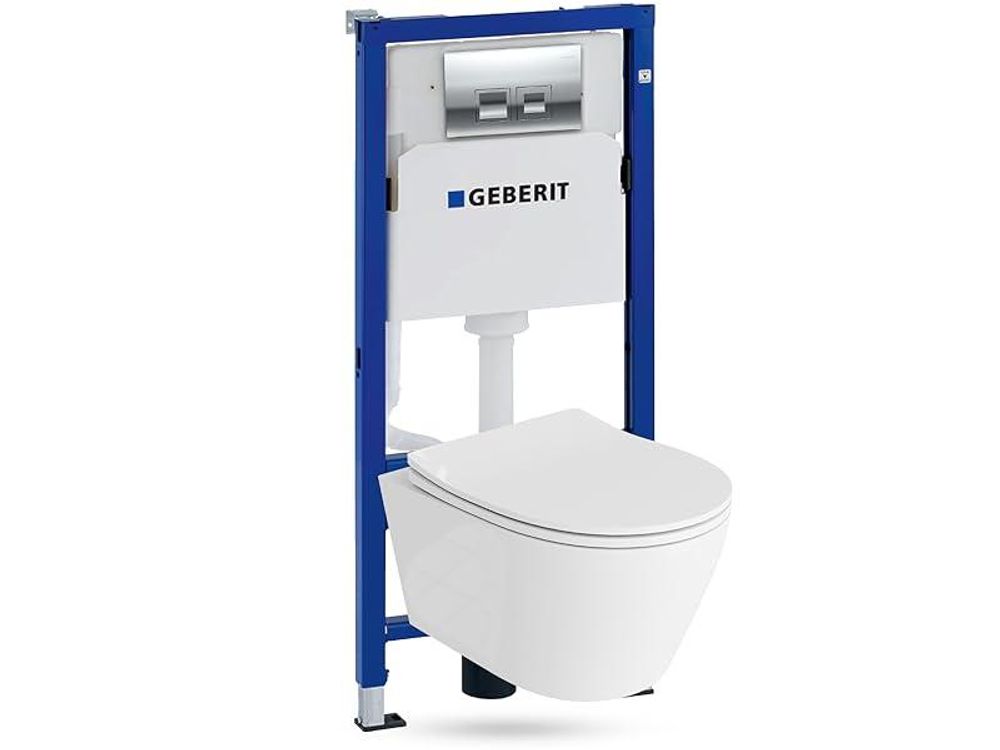 DOMINO Geberit Duofix Basic Vorwandelement + Wand-WC Tiefspül Praia Becken Weiß Spülrandlos + Bedienplatte Delta 25 für Doppelspülung  |  Komplett set