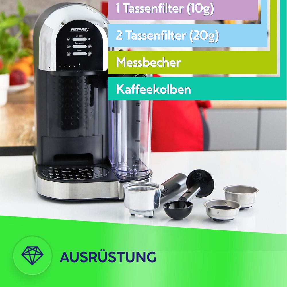 MPM Siebträgermaschine 15 Bar Espresso Kaffeemaschine Cappuccino Latte Thermoblock Milchsystem Milchaufschäumer 1100W MKW-14M