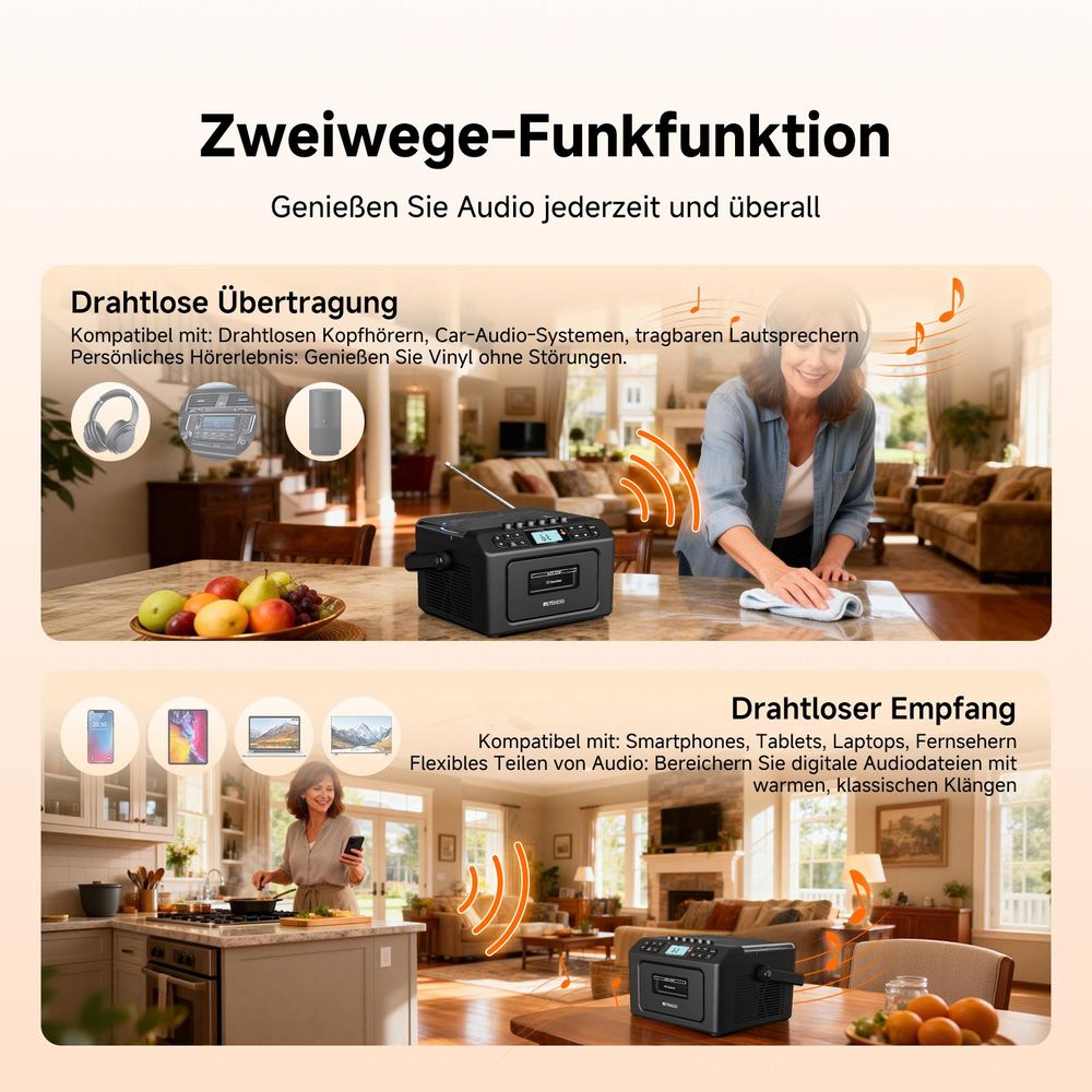 Retekess TR642 CD Player tragbar, Bluetooth, AM FM Radio, 5000mAh Boombox mit wiederaufladbare Akk, AUX/USB/TF, für Familien Camping