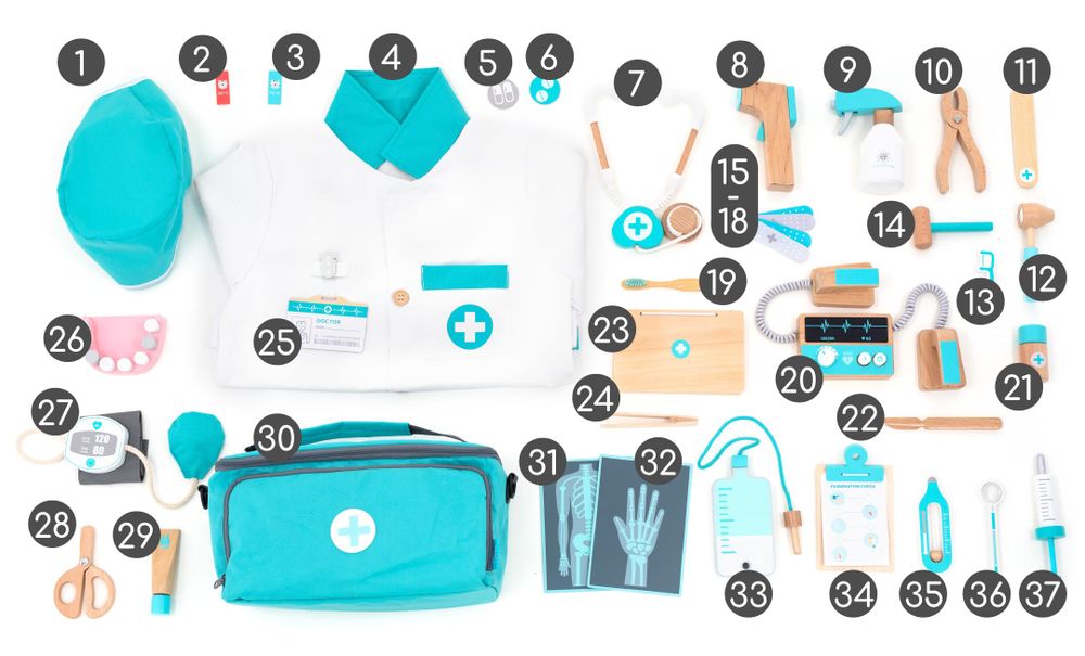 Vollständige Übersicht des 37-teiligen UMU Deluxe PLUS Arztkoffer-Spielsets für Kinder