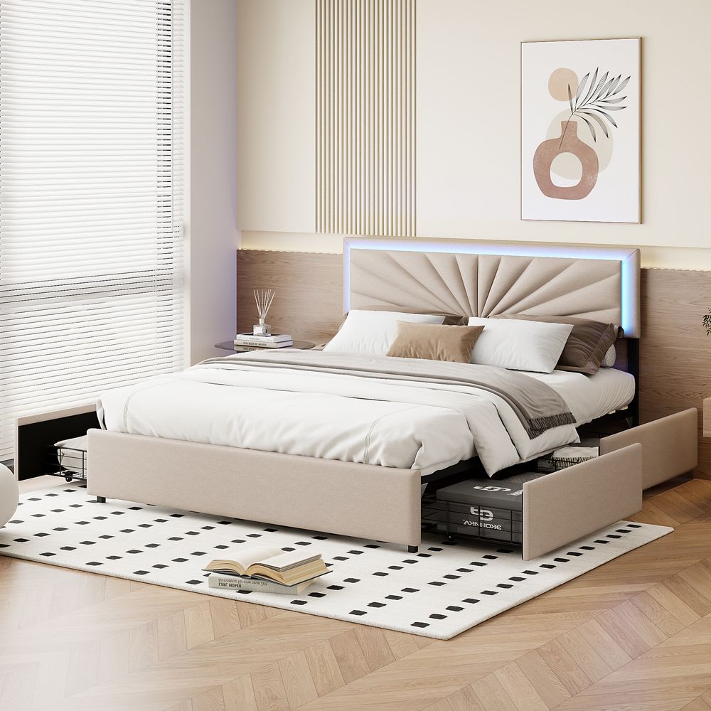 Fortuna Lai Polsterbett 140x200 cm mit LED-Beleuchtung und Aufladen USB, Bett mit 4 Schubladen, Leinenmaterial, Jugendbett, ohne Matratze, Beige