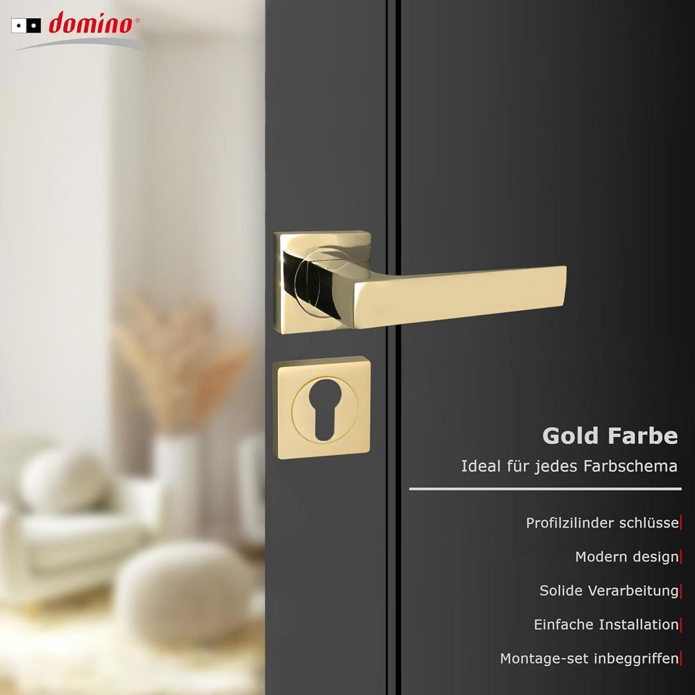 Domino Türgriff QUADRADO-QR M1 Drückergarnitur PZ Profilzylinder Set Türklinke für Zimmertür Türbeschläge aus Aluminium Messing Gold