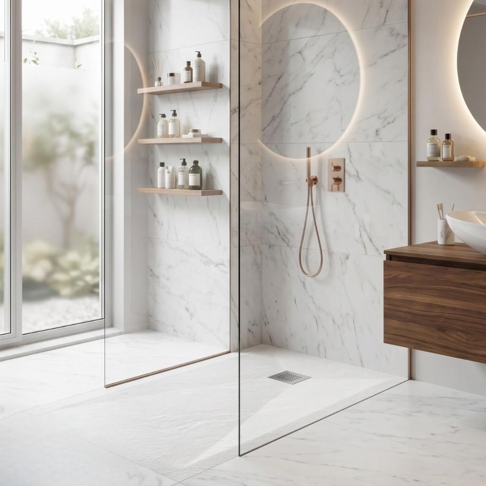 Moderne Duschtasse mit Steinstruktur in eleganter Walk-in Duschzone