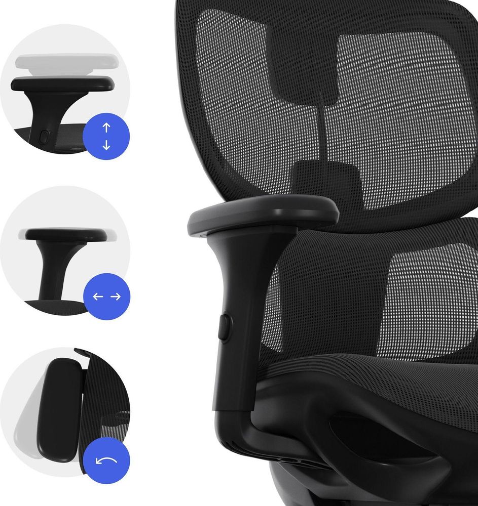 SENSE7 Nobu Ergonomiczne krzesło biurowe, czarne, z podłokietnikami 3D, zagłówkiem, oparciem z siatki i funkcją kołysania – fotel biurowy do domowego biura, nośność 130 kg