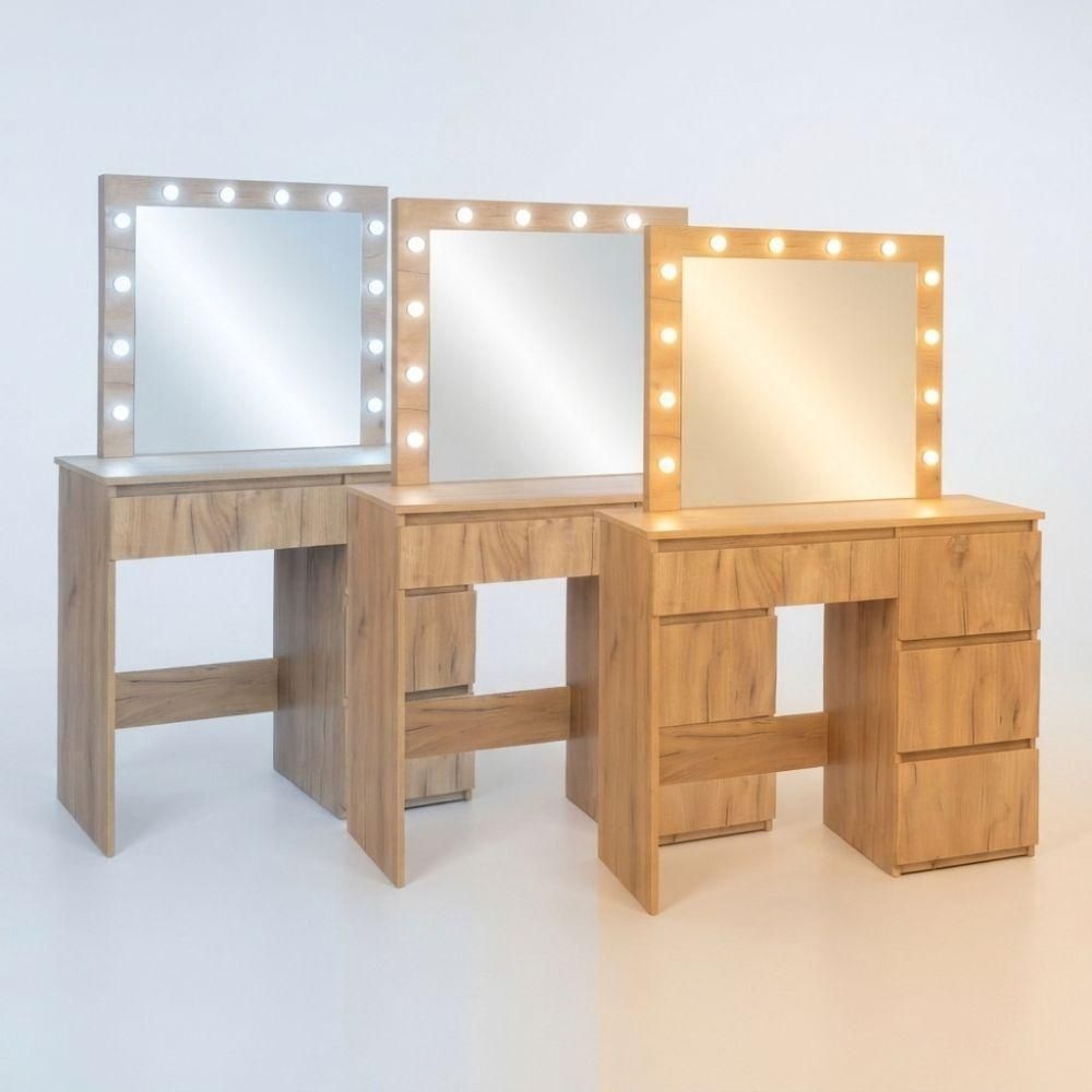 Toaletka kosmetyczna z lustrem do makijażu wizażu z oświetleniem LED 12 punktów, 4 szuflady, 90 cm FUNFIT dekor drewna retro