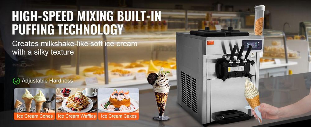 VEVOR Kommerzielle Eismaschine 18–28 L/h, 3 Geschmacksrichtungen, Italienische Eismaschine, 2 x 5,5 L Trichter, LCD-Panel, Automatische Vorkühlung, Reinigung, für Joghurt, Kaffee, Snackbar, Restaurant