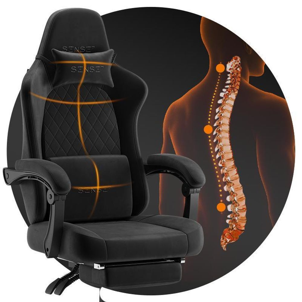 SENSE7 Devon Gaming Stuhl Stoff Schwarz - Ergonomischer Bürostuhl mit Fußstütze PC Schreibtischstuhl Zockerstuhl Alcantara 120 kg