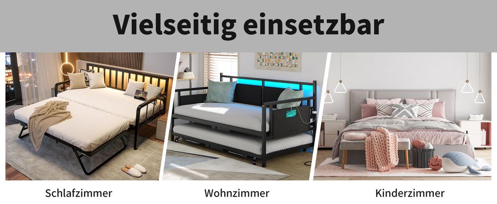 okwish Daybett, Jugendbett Kinderbett Tagesbett, Ausziehbett Sofabett 90 x 200cm,t mit quadratischer Rückenlehne,(ausziehbar auf 180 Queensize), 2 Schubladen, ohne Matratze, Beige