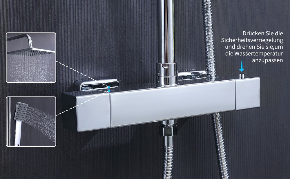 Homelody Duschsystem mit Thermostat 38°C Quadratische Duschsäule Duscharmatur Chrom Regendusche Duschset inkl. Verstellbar Duschstange, Edelstahl