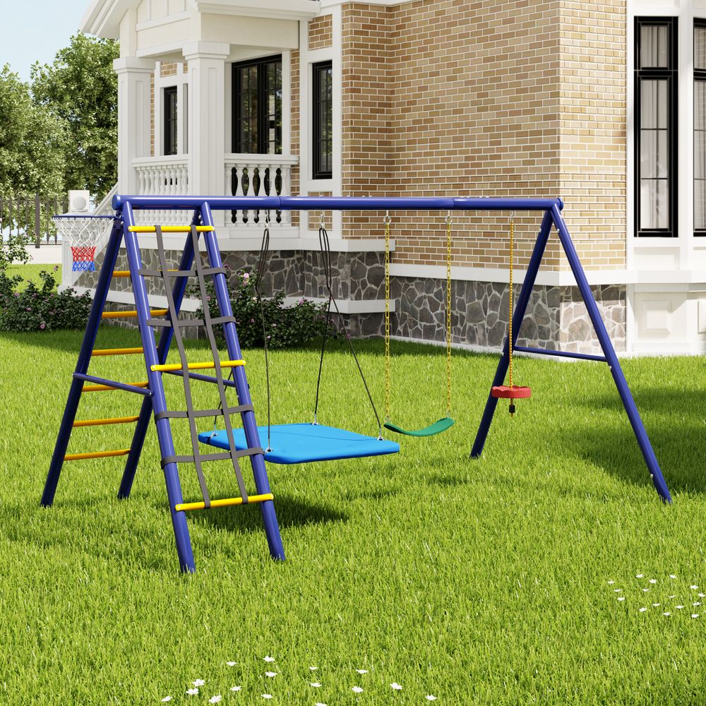 Merax Multifunktionales Outdoor-Schaukel-Set für Kinder–3 Schaukeln, Klettergerüst, Basketballkorb, Hochfester Stahl, ideal für Garten und Spielplätze