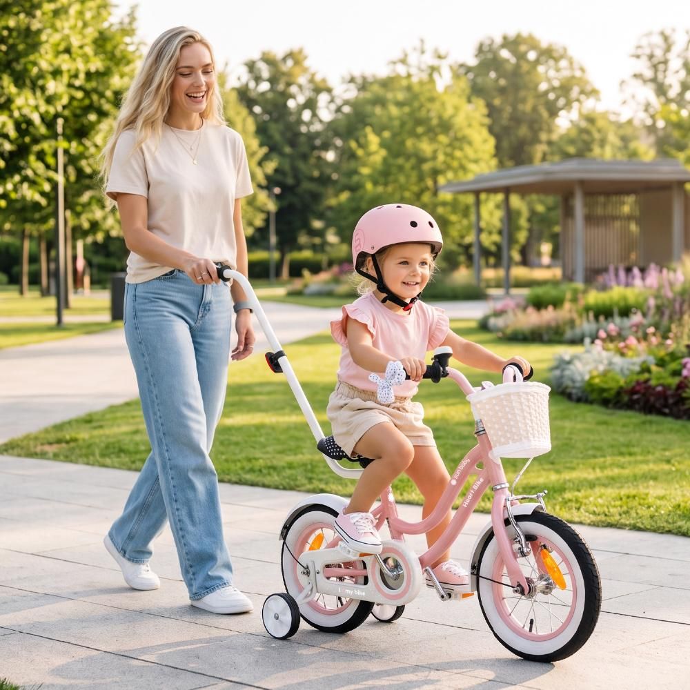 Rower dla dziewczynki 12 cali Pchacz kółka boczne Heart Bike różowy