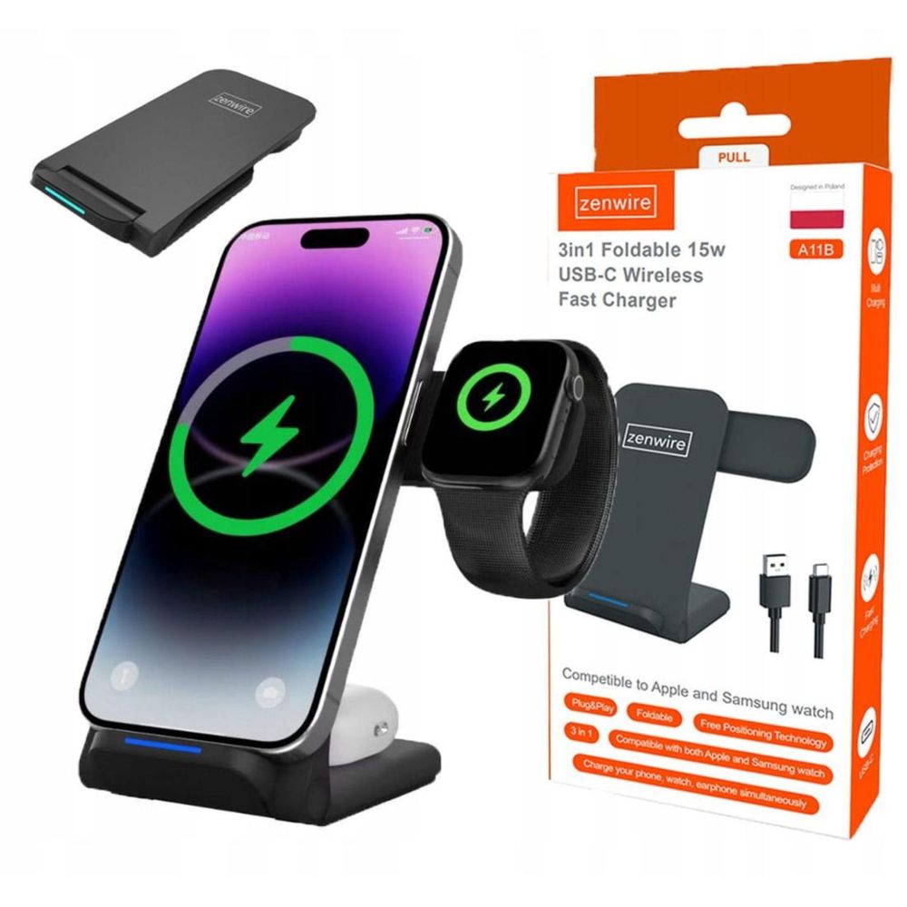Ładowarka indukcyjna - ładowarka bezprzewodowa - 3 w 1 - USB-C - do Apple Samsung - do Smart Watch - QI - 15 W