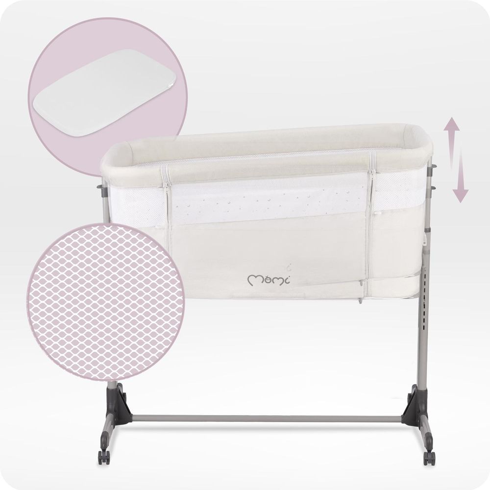MoMi REVO 2in1 Babybett - 6 Höhenstufen, Einfach und Stabilmit, Matratze, Moskitonetz & Spielzeugbar - Hellgrau