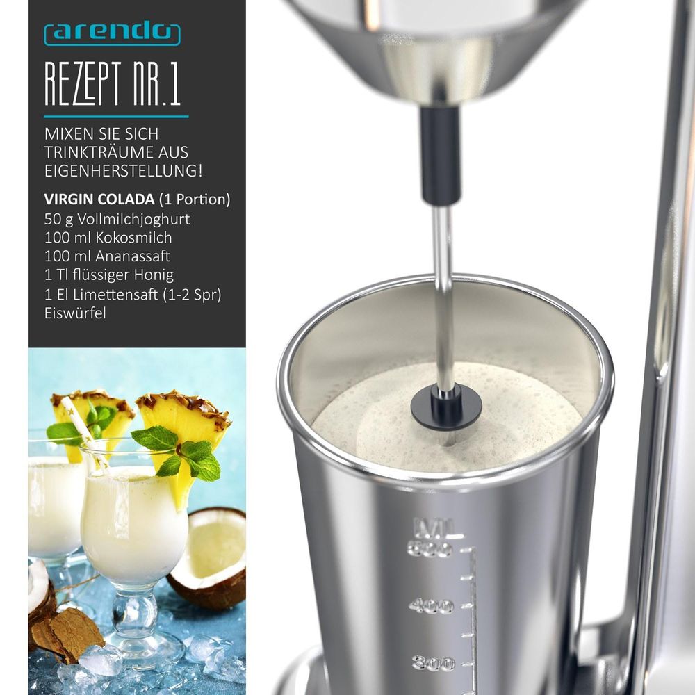 Arendo Getränkemixer elektrisch, 500 ml, 100 W, 2 Geschwindigkeitsstufen, für Protein Drinks Smoothies Eischnee Cocktails, Silber