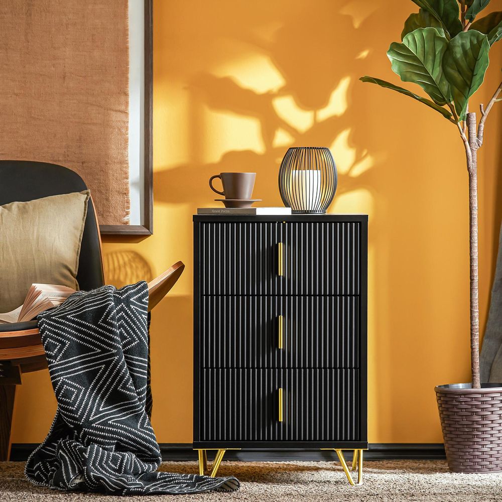 SoBuy Nachttisch schmaler Schrank mit 3 Schubladen, 63 cm ergonomische Höhe, für Schlafzimmer und Wohnzimmer, ideal für kleine Räume FBT115-L-SCH