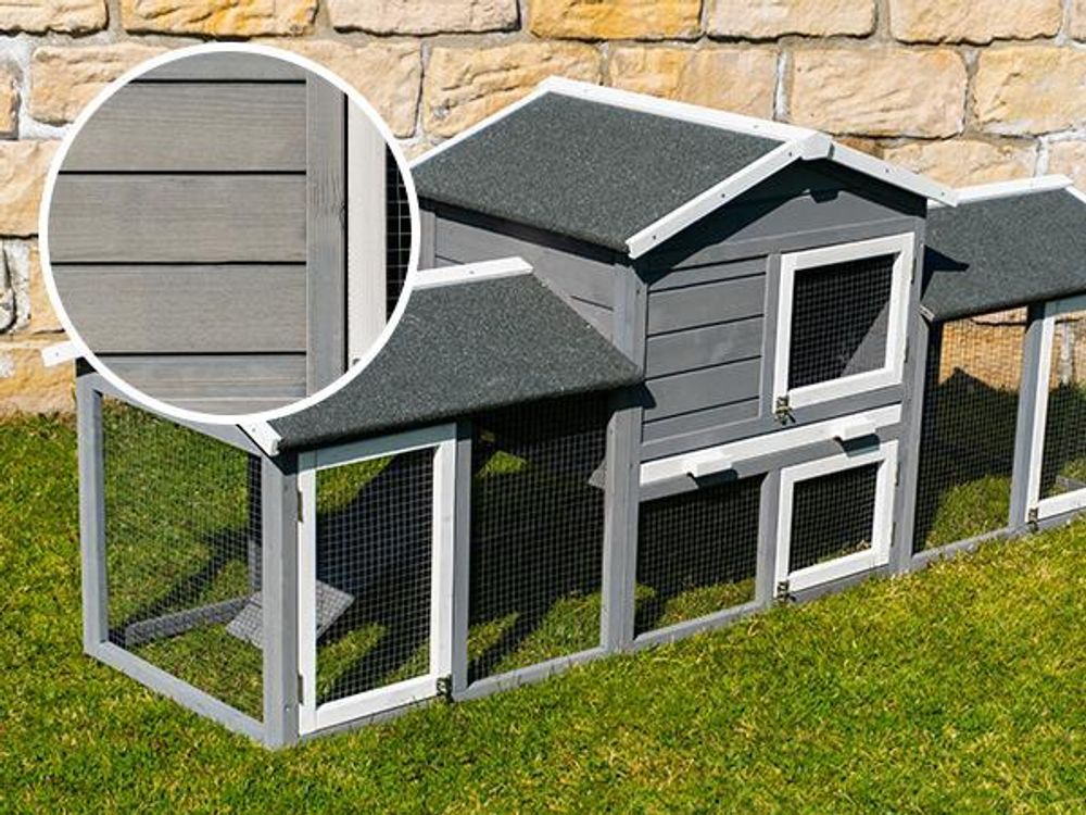 MyAnimal Hasenstall MH-03 | Hasenkäfig XXL mit Freilaufgehege - Kleintierkäfig - Kaninchenstall - 4 Türen - Kleintierstall - Wetterfest - 226x53x85 cm
