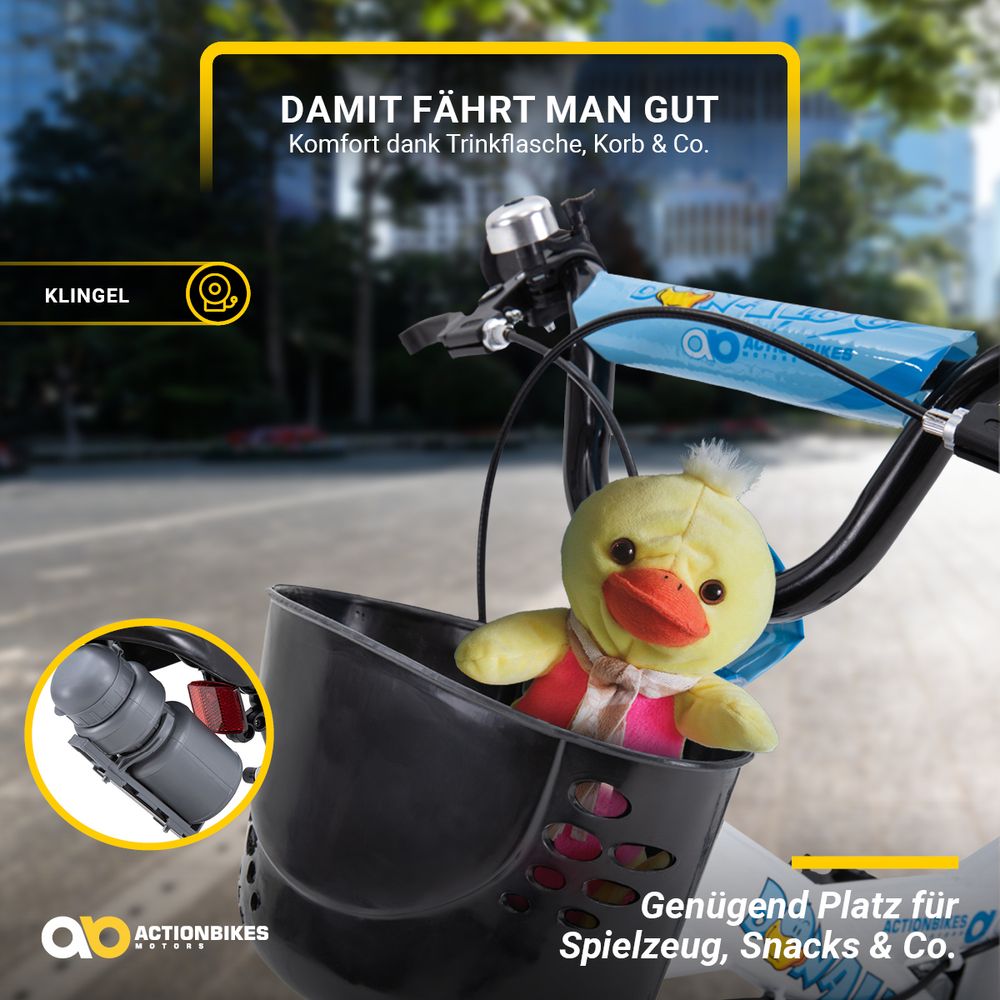 Actionbikes Kinderfahrrad Donaldo 12 Zoll | Kinder Fahrrad - V-Brake Bremsen - Kettenschutz - Fahrradständer - Fahrradkorb - 2-5 Jahre (Blau/Weiß)