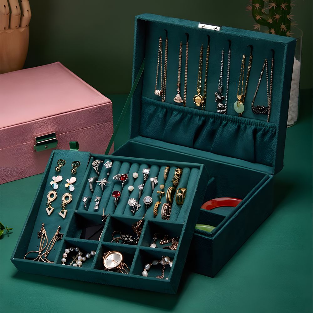 Schmuckkästchen, Schmuckschatulle aus Samt mit 2 Ebenen, Schmuckbox, Schmuckschatulle, Schmuckkoffer für Damen, Aufbewahrungskoffer Retoo