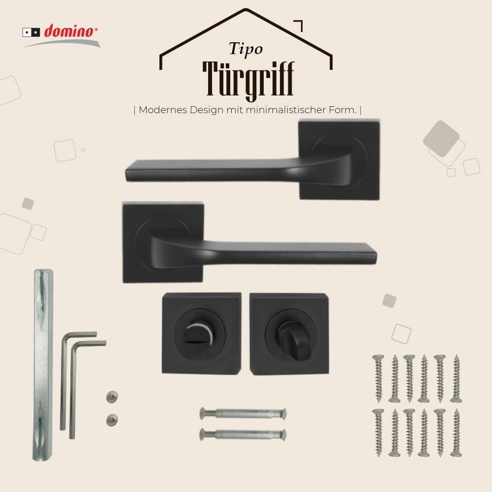 DOMINO Türgriff Drückergarnitur WC - Badezimmer Set | Vierkant-Rosette | Türbeschlag für Badezimmertüren | Set WC - Rosetten-Garnitur | Türklinke aus Aluminium | Bronze Türdrückergarnitur | TIPO-QR BLACK