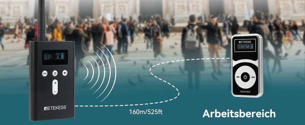 Retekess T130P Audio Tour Guide System, mit Headsets, Abgestufte Geräuschreduzierung, 160m, Lange Standby-Zeit 30H, 20 Empfänger, walkie talkie