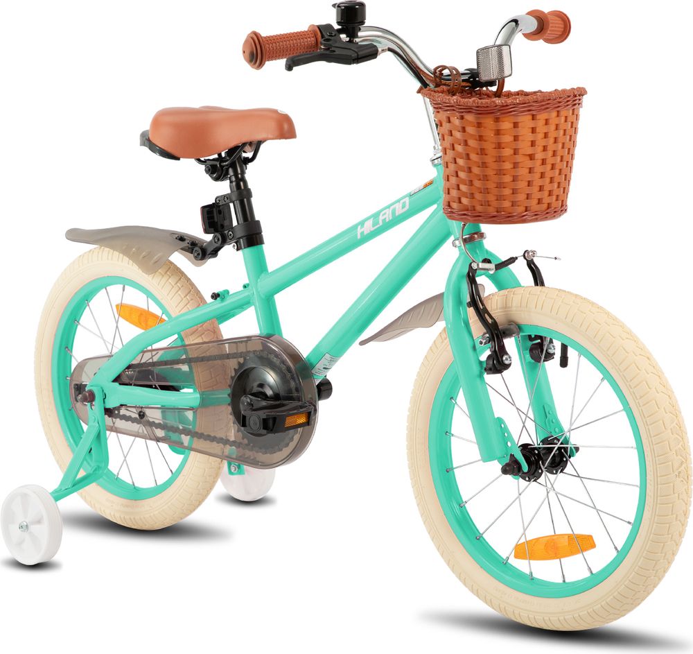 HILAND Ins Star 16 Zoll Kinderfahrrad für Mädchen Jungen 4 5 6 7 Jahre mit Stützräder, Korb, Handbremse und Rücktrittbremse, Mintgrün
