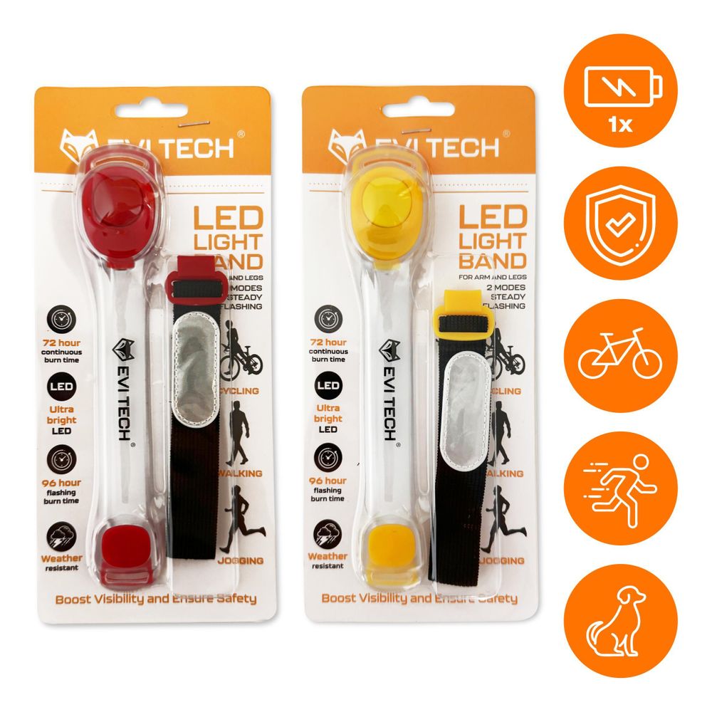 LED Leuchtarmband 2er Set (Gelb & Rot), Wasserdichtes Reflektorband für Laufen & Fahrrad, Sicherheitslicht mit Batterien, EVI TECH ActiveGlow