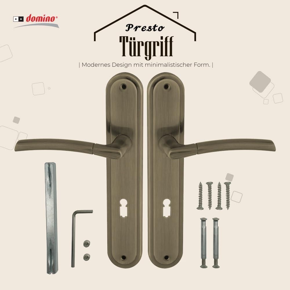 DOMINO Türgriff 72 Drückergarnitur BB-Buntbart Set | Langschildgarnitur | Türklinke für Zimmertür, Bürotür, Kellertür & Innentür | L-Form | Türbeschläge aus Aluminiuml | Bronze Türdrückergarnitur |PRESTO M3
